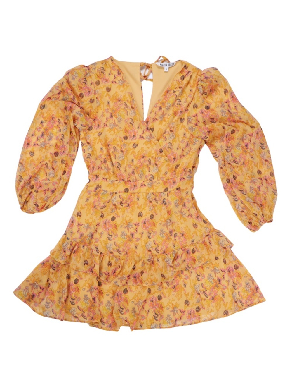 Walter Baker Tan Floral Ruffle Mini Dress Size 6 Long Sleeve Boho Romantic